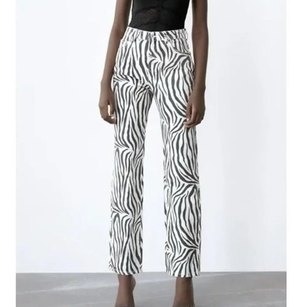 Zara Women Zebra Jeans EU 36 US 4 White Black High Rise Straight 6147/058 NWOT